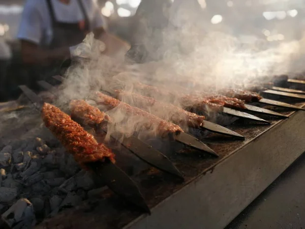 Cooking Adana Kebabs Restaurant Style Grill — Stock Photo, Image