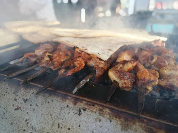 Shashlik Preparing Barbecue Grill Charcoal Shashlik Shish Kebab Popular Eastern — Stock Photo, Image