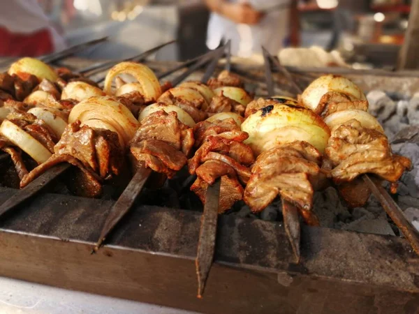 Shashlik Preparing Barbecue Grill Charcoal Shashlik Shish Kebab Popular Eastern — Stock Photo, Image