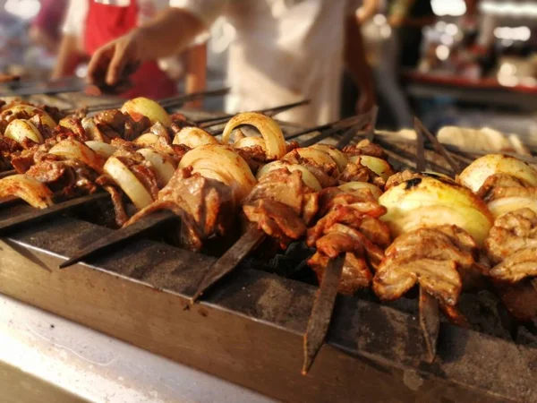 Shashlik Preparing Barbecue Grill Charcoal Shashlik Shish Kebab Popular Eastern — Stock Photo, Image