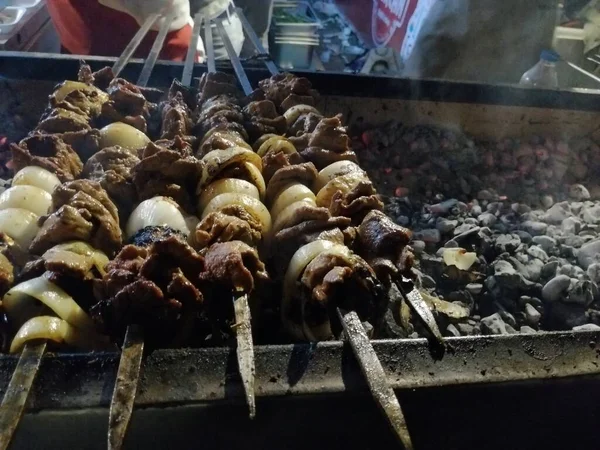 Shashlik Preparing Barbecue Grill Charcoal Shashlik Shish Kebab Popular Eastern — Stock Photo, Image