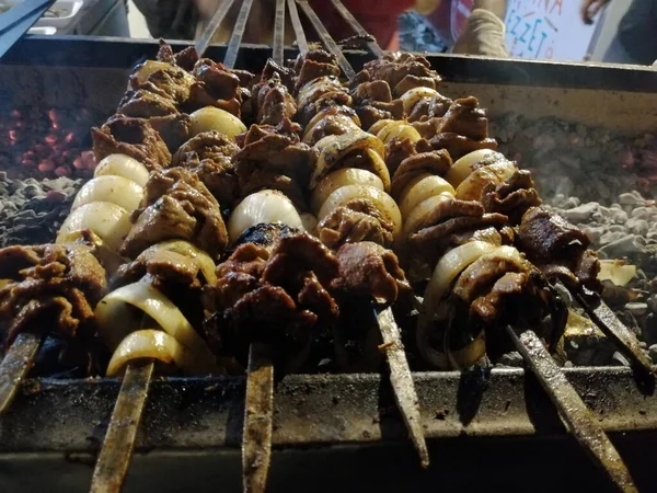 Shashlik Preparing Barbecue Grill Charcoal Shashlik Shish Kebab Popular Eastern — Stock Photo, Image