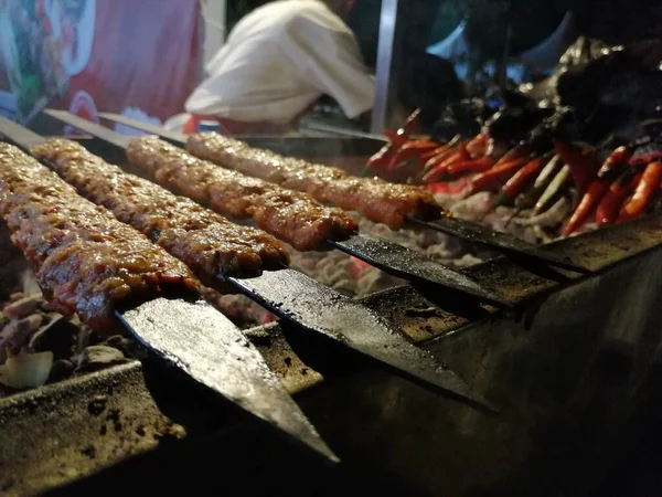 Cooking Adana Kebabs Restaurant Style Grill — Stock Photo, Image