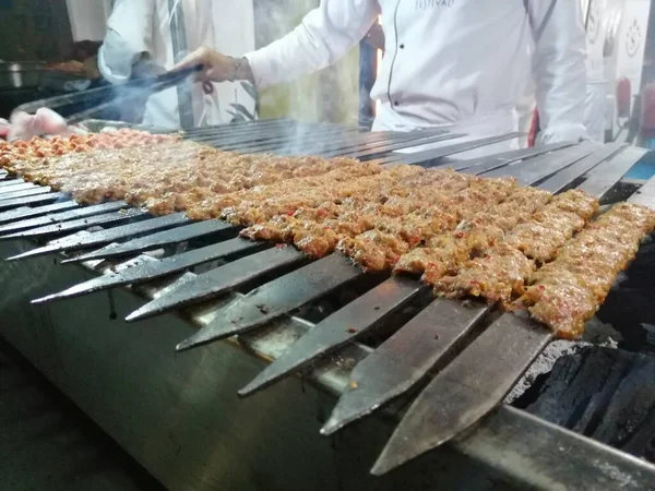 Cooking Adana Kebabs Restaurant Style Grill — Stock Photo, Image