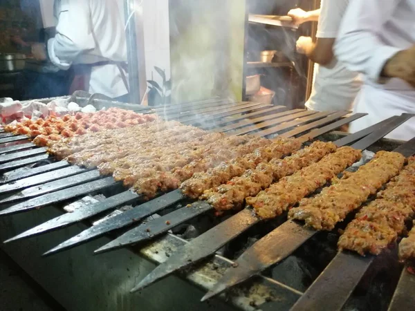 Cooking Adana Kebabs Restaurant Style Grill — Stock Photo, Image