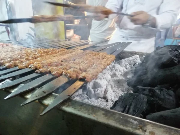 Cooking Adana Kebabs Restaurant Style Grill — Stock Photo, Image