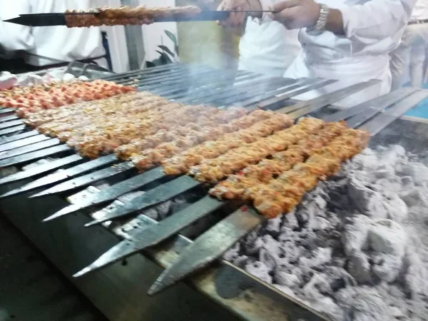 Cooking Adana Kebabs Restaurant Style Grill — Stock Photo, Image