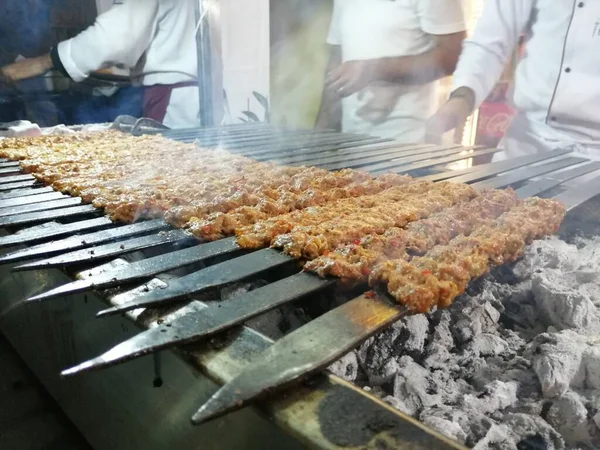 Cooking Adana Kebabs Restaurant Style Grill — Stock Photo, Image