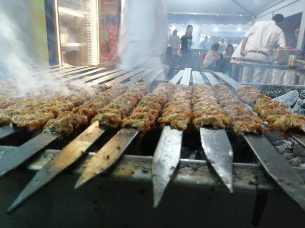 Cooking Adana Kebabs Restaurant Style Grill — Stock Photo, Image