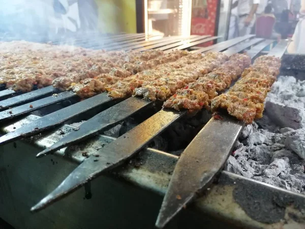 Cooking Adana Kebabs Restaurant Style Grill — Stock Photo, Image