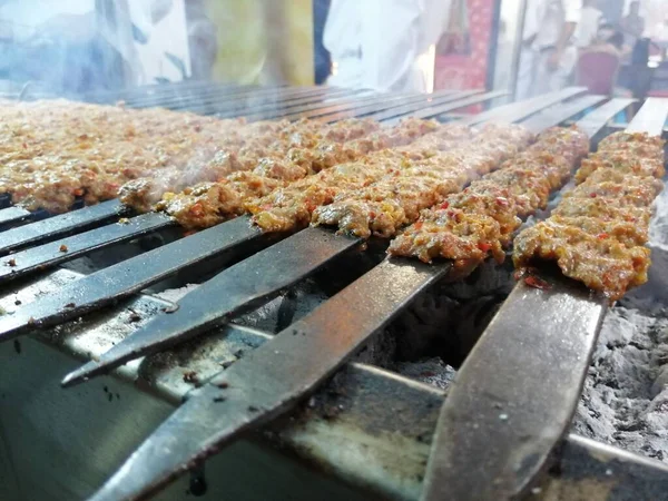 Cooking Adana Kebabs Restaurant Style Grill — Stock Photo, Image