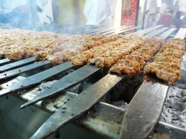 Cooking Adana Kebabs Restaurant Style Grill — Stock Photo, Image