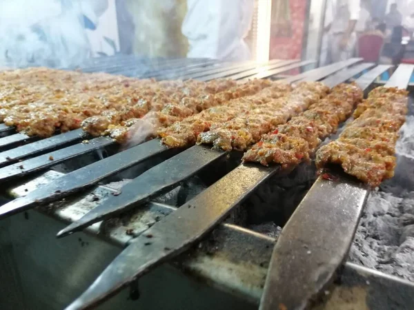 Cooking Adana Kebabs Restaurant Style Grill — Stock Photo, Image