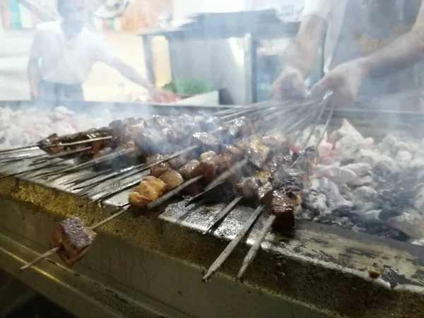 Shashlik Preparing Barbecue Grill Charcoal Shashlik Shish Kebab Popular Eastern — Stock Photo, Image