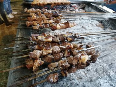 Shashlik mangal kömürü için ızgara hazırlıyor. Şiş kebap ya da Şiş kebap Doğu Avrupa 'da popüler..