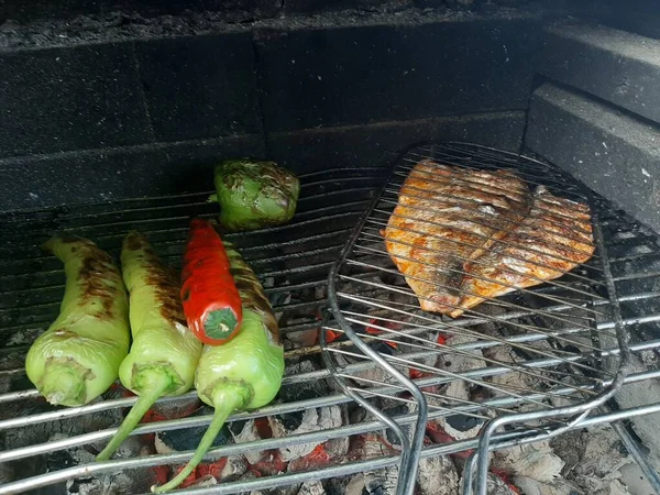 Balık Izgarada Yaz Barbeküsü Konsepti — Stok fotoğraf