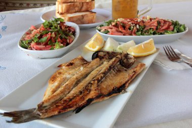 Lezzetli balık ve salatalar sunum tabağında