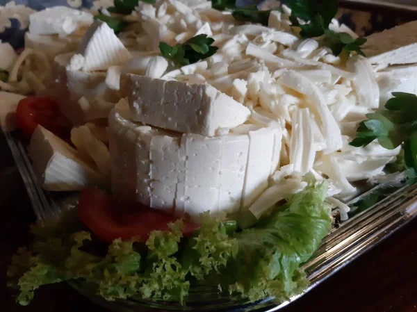 Assiette Fromage Servi Avec Divers Fromages Sur Table — Photo