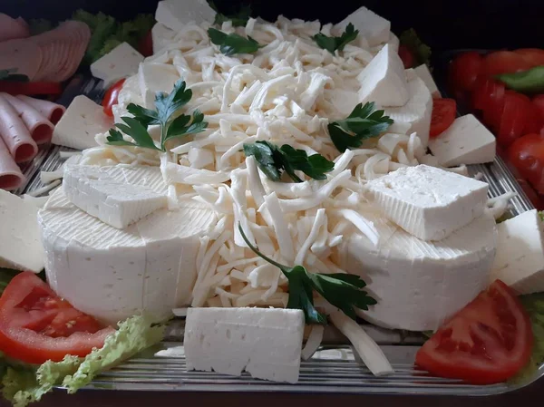 Assiette Fromage Servi Avec Divers Fromages Sur Table — Photo