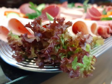 Servis tabağında dilimlenmiş salam çeşitleri