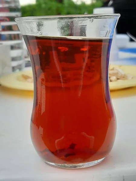 Thé Turc Fraîchement Infusé Dans Verre Thé — Photo