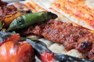 Tabakta lezzetli Adana kebapları ve salatalar