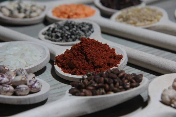 Organic Spices Wooden Spoons — Stock Photo, Image