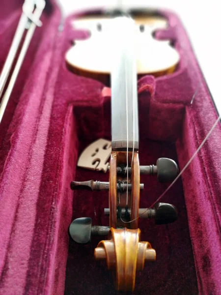 Geige Und Bogen Dunkelrotem Etui Nahaufnahme — Stockfoto