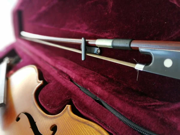 Violin and bow in dark red case. Close up