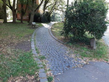 Parktaki dekoratif taş kaldırım yolu.