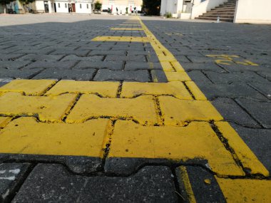 Parktaki dekoratif taş kaldırım yolu.