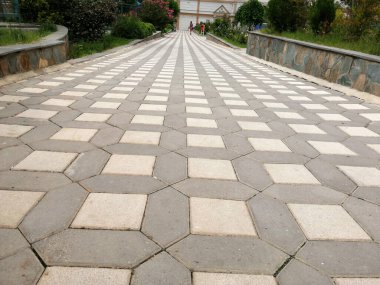 Parktaki dekoratif taş kaldırım yolu.