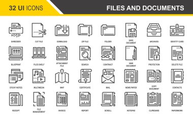Vektör dosyaları ve belgeleri düz çizgi web simgeler kümesi. Her simge özenle tasarlanmış piksel mükemmel 48 x 48 boyut ızgarası üzerinde ayarlanabilir darbeleri ile. Tamamen düzenlenebilir ve kullanımı kolay.