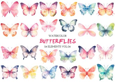 Vektör suluboya boyalı kelebekler toplanır. El çizimi tasarım ögeleri beyaz arkaplanda izole edildi.