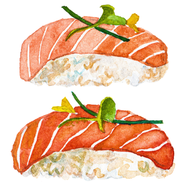 Suluboya boyalı suşi. El yapımı taze deniz ürünleri tasarımı elementi