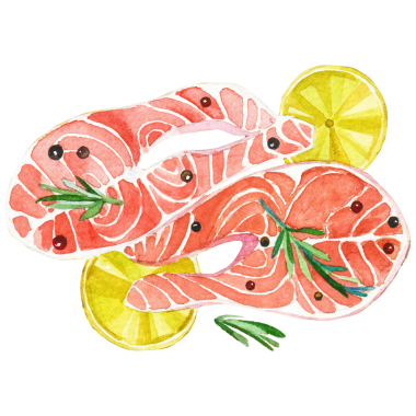 Suluboya boyalı somon fileto El taze deniz ürünleri elementi çizdi