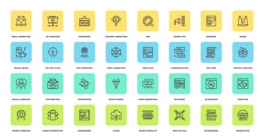 Dijital pazarlama düz çizgi ikonlarının vektör kümesi. Ayarlanabilir darbelere sahip her bir simge mükemmel 48X48 piksel boyutunda dizayn edilmiştir. Tamamen düzenlenebilir ve kullanımı kolay..