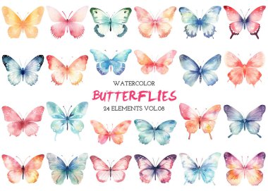 Vektör suluboya boyalı kelebekler toplanır. El çizimi tasarım ögeleri beyaz arkaplanda izole edildi.