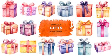 Suluboya vektör boyalı hediye kutuları. El çizimi tasarım ögeleri beyaz arkaplanda izole edildi.