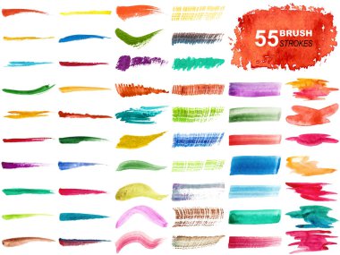 Renkli suluboya fırça darbelerinin vektör koleksiyonu ve beyaz arkaplanda izole edilmiş sıçramalar.