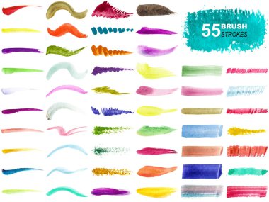 Renkli suluboya fırça darbelerinin vektör koleksiyonu ve beyaz arkaplanda izole edilmiş sıçramalar.