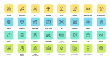 Güvenlik ve koruma ağı simgeleri vektör seti. Ayarlanabilir darbelere sahip her bir simge mükemmel 48X48 piksel boyutunda dizayn edilmiştir. Tamamen düzenlenebilir ve kullanımı kolay..