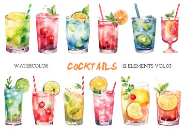 Vektör suluboya, boyalı kokteyller. El çizimi tasarım ögeleri beyaz arkaplanda izole edildi.