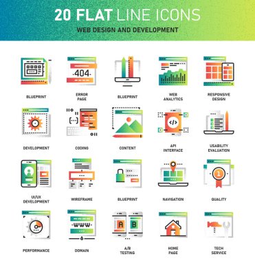 Vektör Web sitesi tasarımı ve geliştirme, kodlama, program düz çizgi web simgeleri ayarlayın. Örnek grafik tasarım kavramları. Çağdaş düz çizgi simge stil. Semboller için mobil ve web grafik. Logo kavramları
