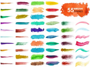 Renkli suluboya fırça darbelerinin vektör koleksiyonu ve beyaz arkaplanda izole edilmiş sıçramalar.