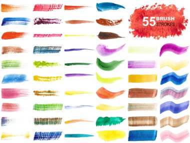 Renkli suluboya fırça darbelerinin vektör koleksiyonu ve beyaz arkaplanda izole edilmiş sıçramalar.