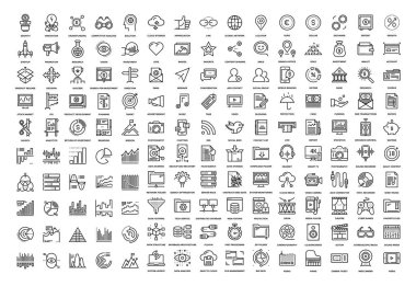 Aşağıdaki Temalar - başlangıç ve yeni iş, sosyal medya, bankacılık ve para, grafikler ve diyagramlar, veri yönetimi, medya ve eğlence üzerine 150 düz çizgi web simgeler vektör kümesi