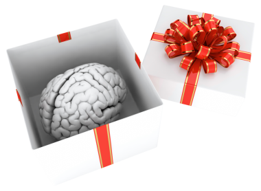 Beynin beyaz hediye kutusunda kırmızı şeritli üç boyutlu çizimi