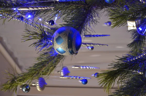 bir çam dalı üzerinde mavi Noel süslemeleri
