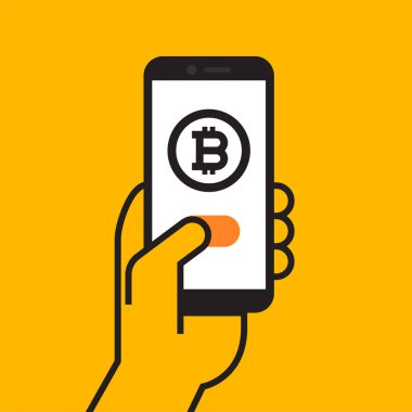 Bitcoin ödeme vektör arka plan yapmak için smartphone tutan el
